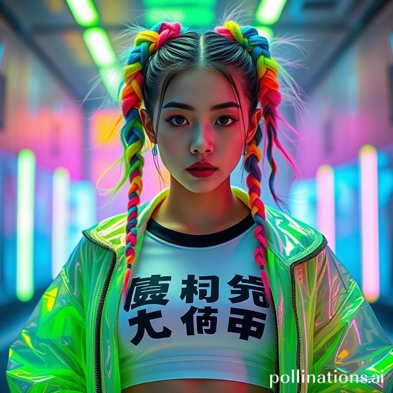 qianqian,giant_breasts, Create an image of a young woman with large breasts and a vibrant and futuristic aesthetic. She has her hair style in multiple braids,each adorned with colorful strands of neon green,pink,blue,and yellow. Her hair is style in an upright fashion,giving a dynamic and live look. She is wearing of spectrum that through,holographic,and green-reflecting the neon lights around her. Underneath the jacket,she has on a white crop top with bold black characters that read "Pure Melon"., Her makeup is bold and eye-catching,with bright neon pink eyeshadow that matches the overall color scheme. Her expression is confident and slightly playful,with a subtle smile and eyes that seem to be gazing directly at the viewer. She is accessorized with a chunky silver chain necklace and large hoop earrings,adding to the edgy,modern vibe ., The background is a neon-lit environment,possibly a nightclub or a futuristic cityscape,with various neon signs in shades of pink,blue,and green. The lighting is vibrant and casts a glow on her face and jacket,enhancing the overall cyberpunk and neon aesthetic. The atmosphere is energetic and modern,capturing the essence of a night out in a futuristic,neon-lit world .,